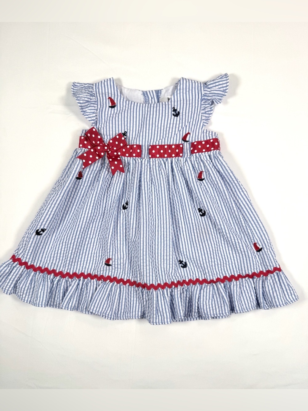 RARE EDITIONS Girls Blue White Seersucker Sailboat Anchor Nautical Dress 12M